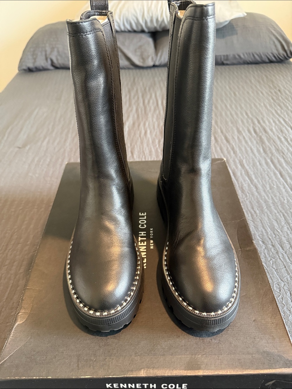 Kenneth Cole Black Leather Platform Boots with Studded Trim
